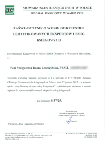 Zaswiadczenie o wpisie do rejestru expertów